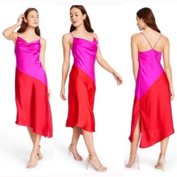 CUSHNIE x Target Pink Orange Colorblock Stretchy Satin Racerback Cowl Neck Dress - Picture 1 of 14
